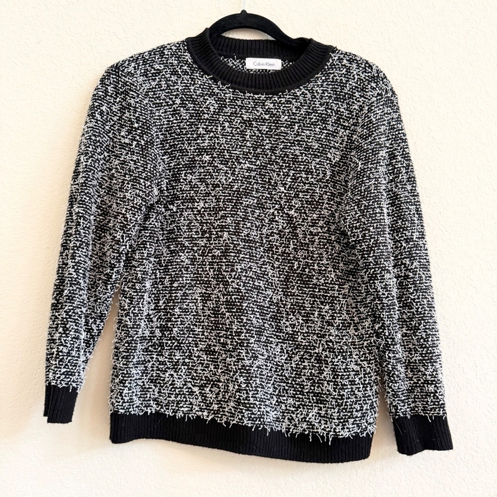 Calvin Klein Womens Black White Textured Marled Eyelash Knit Crew Neck Sweater